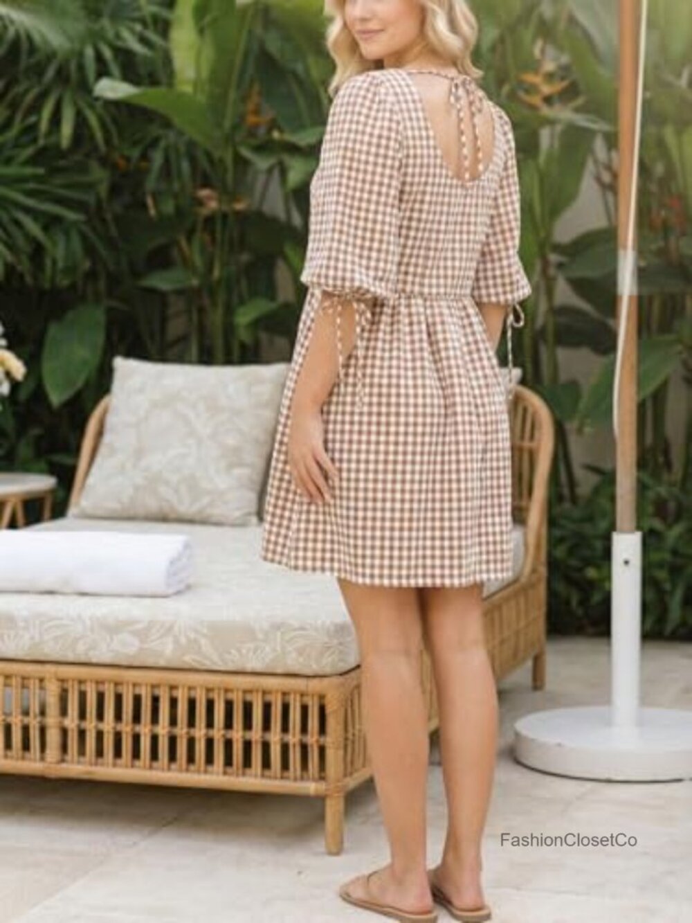 Gingham Puff Sleeve Tie Front Babydoll Mini Dress - Picture 5 of 7